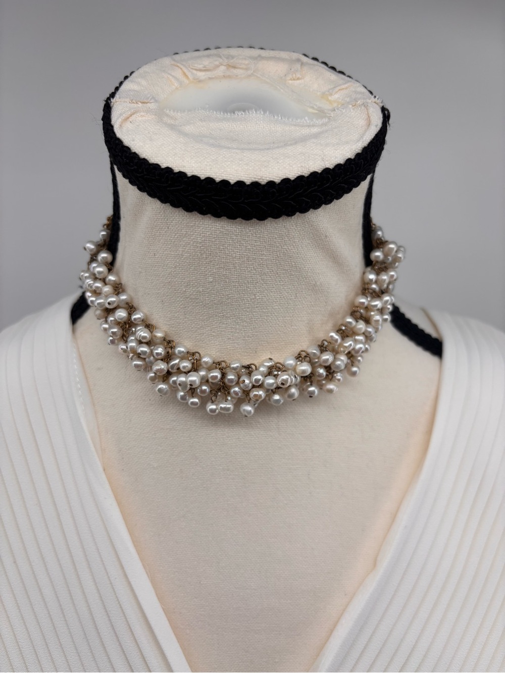 Beautiful Vintage Pearl and Gold Cluster Choker Necklace with Ivory Satin Tie